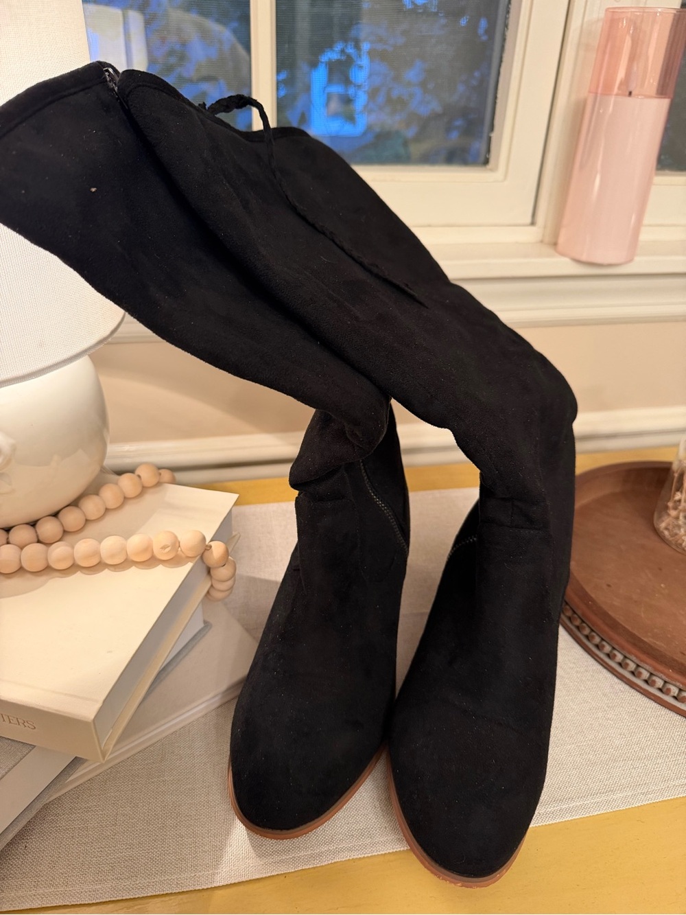 Black Faux Suede Wide Calf Knee High Boots Braided Detail Size 7.5